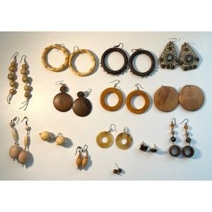 Lot #6 14 Pair Earrings Natural Wood, Shell, Tigers Eye, Bamboo Pierced